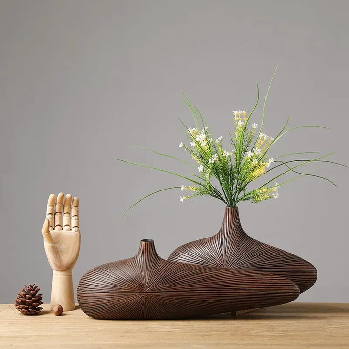 Vase à Fleurs Japonais Ovale Imitation Bois | Design Décoratif Moderne et Minimaliste - Maison Vase
