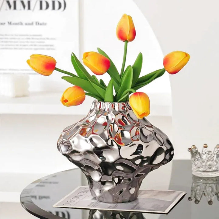 Vase à Fleurs Moderne Argenté Décoratif | Design Géométrique et Effet Martelé - Maison Vase