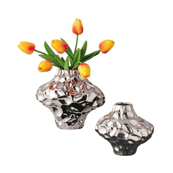 Vase à Fleurs Moderne Argenté Décoratif | Design Géométrique et Effet Martelé - Maison Vase