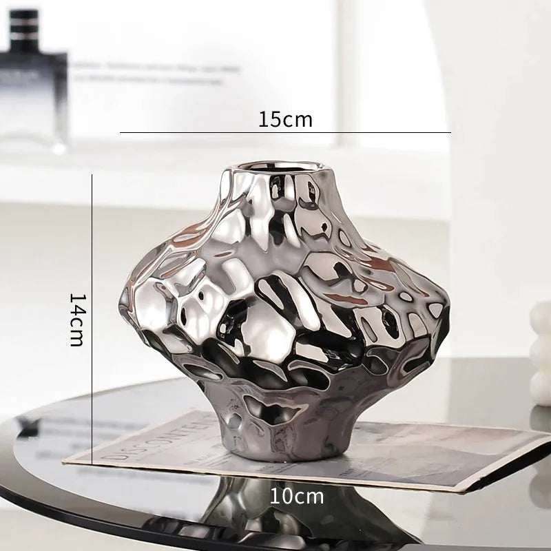 Vase à Fleurs Moderne Argenté Décoratif | Design Géométrique et Effet Martelé - Maison Vase
