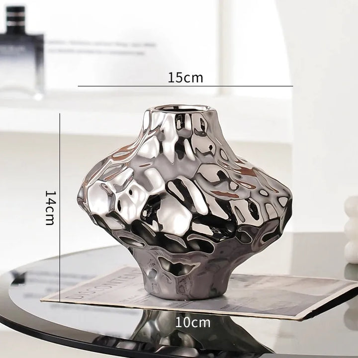 Vase à Fleurs Moderne Argenté Décoratif | Design Géométrique et Effet Martelé - Maison Vase