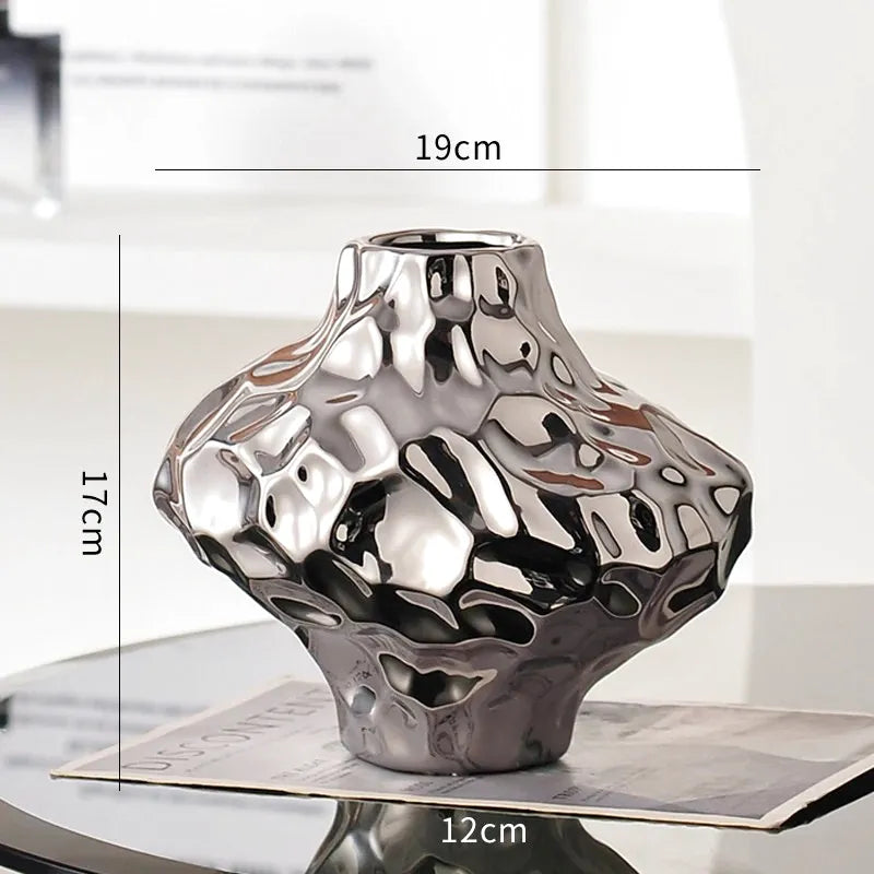 Vase à Fleurs Moderne Argenté Décoratif | Design Géométrique et Effet Martelé - Maison Vase
