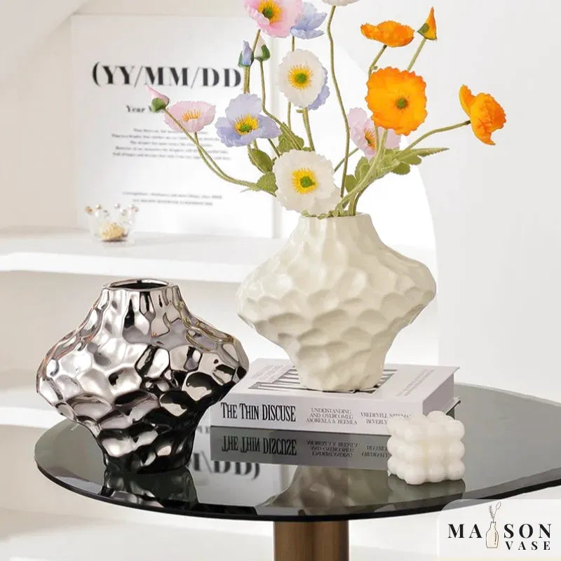Vase à Fleurs Moderne Argenté Décoratif | Design Géométrique et Effet Martelé - Maison Vase