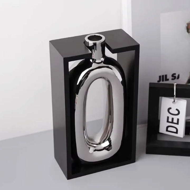 Vase à Fleurs Moderne en Céramique | Design Cadre Argenté Décoratif - Maison Vase