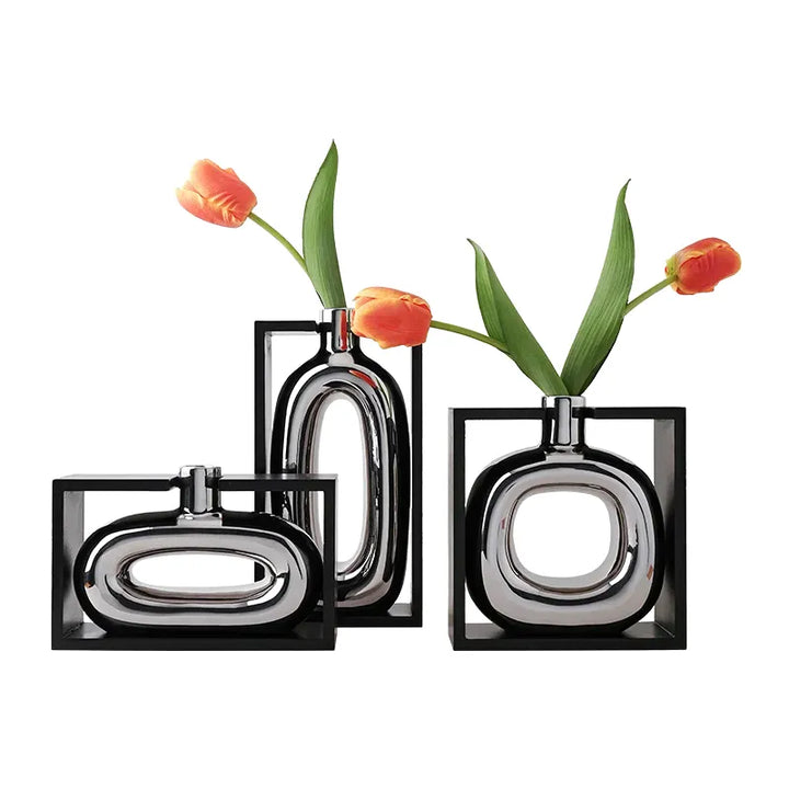 Vase à Fleurs Moderne en Céramique | Design Cadre Argenté Décoratif - Maison Vase