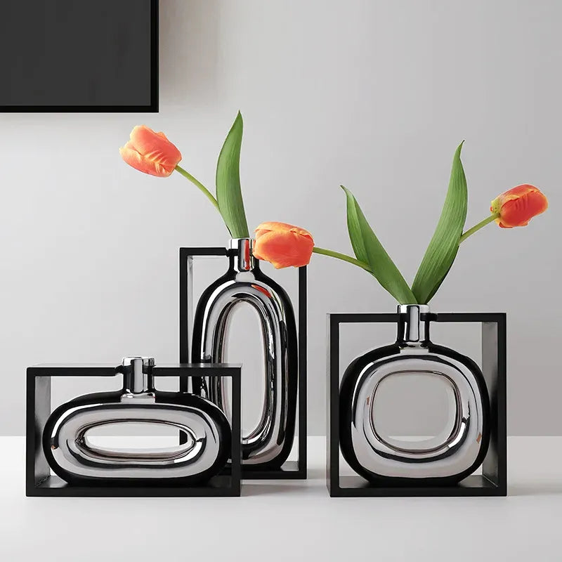 Vase à Fleurs Moderne en Céramique | Design Cadre Argenté Décoratif - Maison Vase