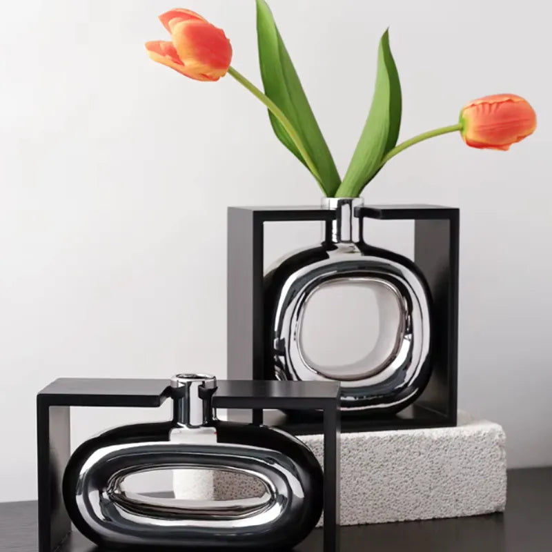Vase à Fleurs Moderne en Céramique | Design Cadre Argenté Décoratif - Maison Vase