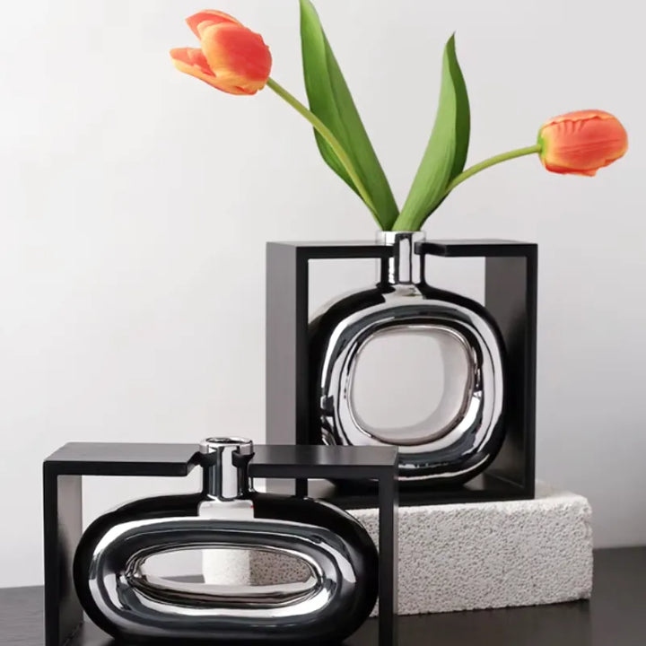 Vase à Fleurs Moderne en Céramique | Design Cadre Argenté Décoratif - Maison Vase