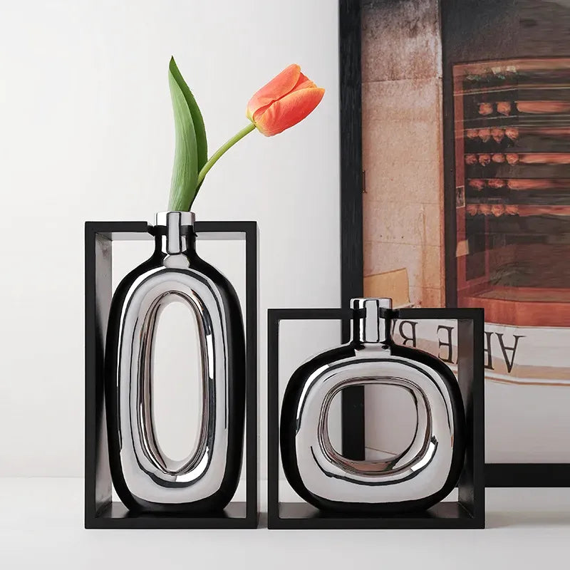 Vase à Fleurs Moderne en Céramique | Design Cadre Argenté Décoratif - Maison Vase