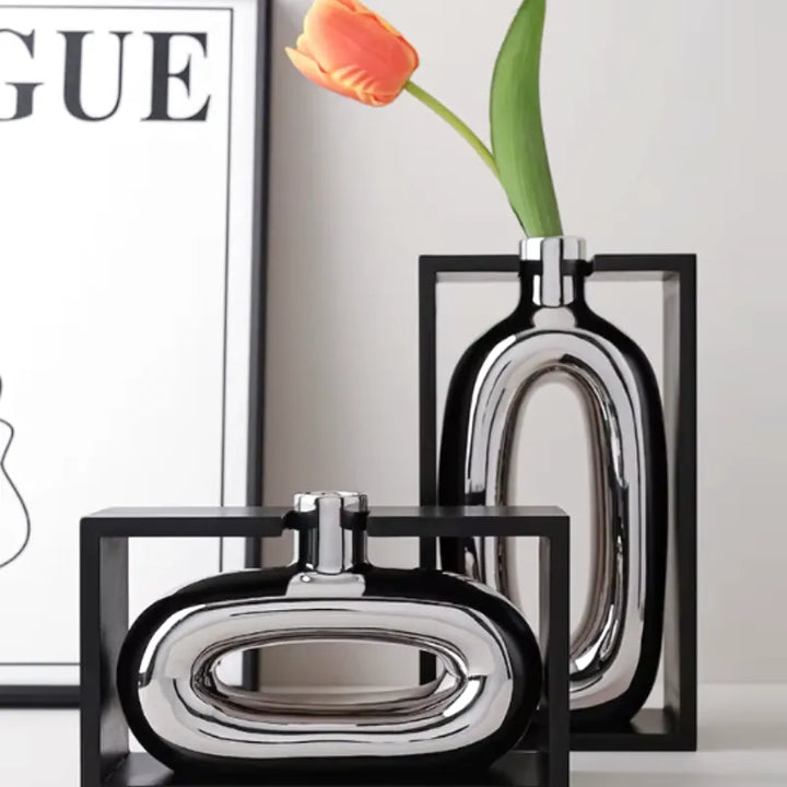 Vase à Fleurs Moderne en Céramique | Design Cadre Argenté Décoratif - Maison Vase