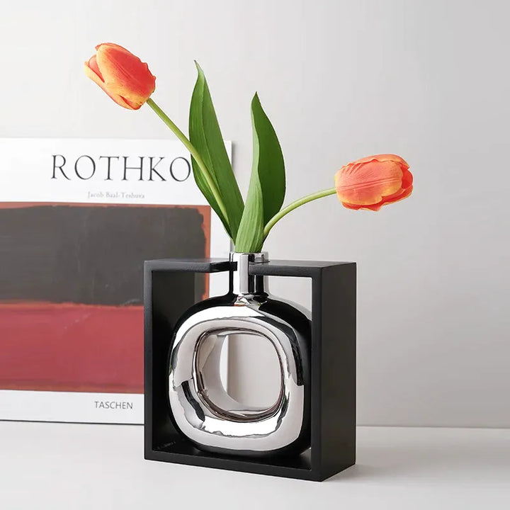 Vase à Fleurs Moderne en Céramique | Design Cadre Argenté Décoratif - Maison Vase