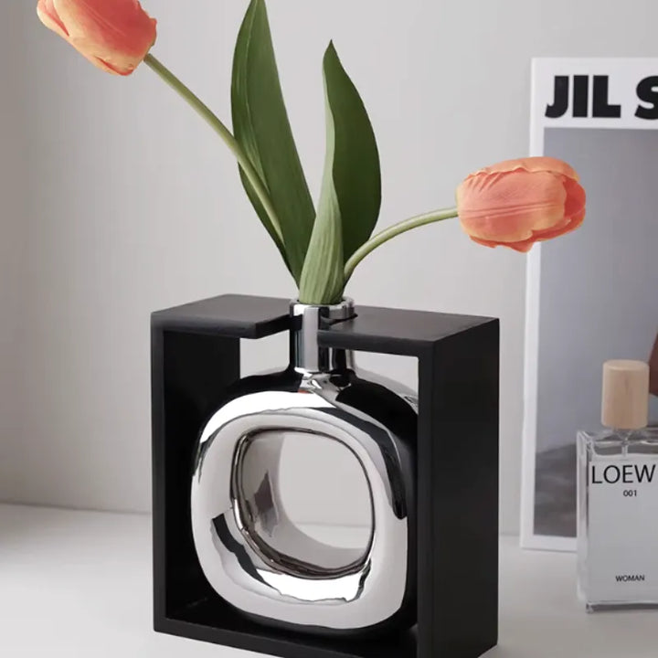 Vase à Fleurs Moderne en Céramique | Design Cadre Argenté Décoratif - Maison Vase