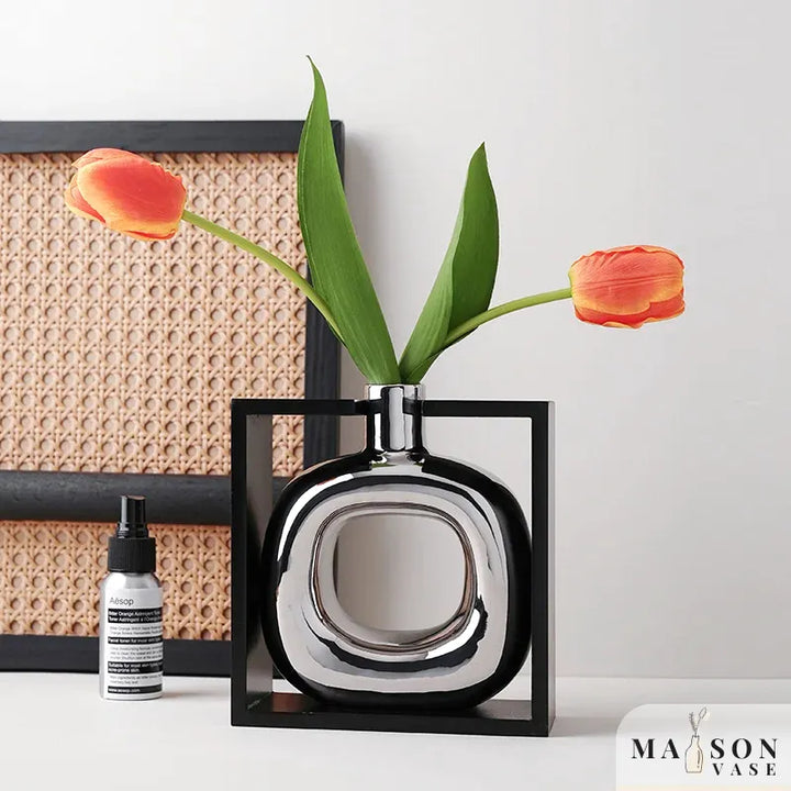 Vase à Fleurs Moderne en Céramique | Design Cadre Argenté Décoratif - Maison Vase