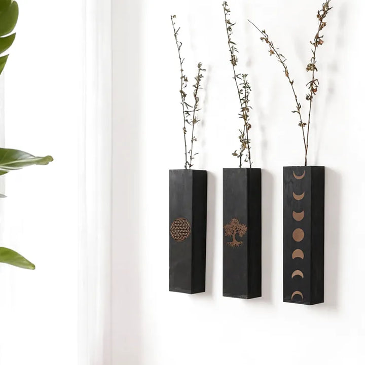 Vase à Fleurs Mural Bohème en Bois Noir | Design Minimaliste - Maison Vase