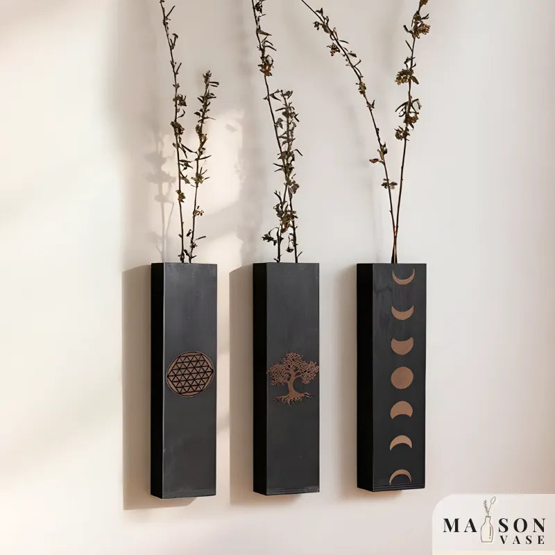 Vase à Fleurs Mural Bohème en Bois Noir | Design Minimaliste - Maison Vase