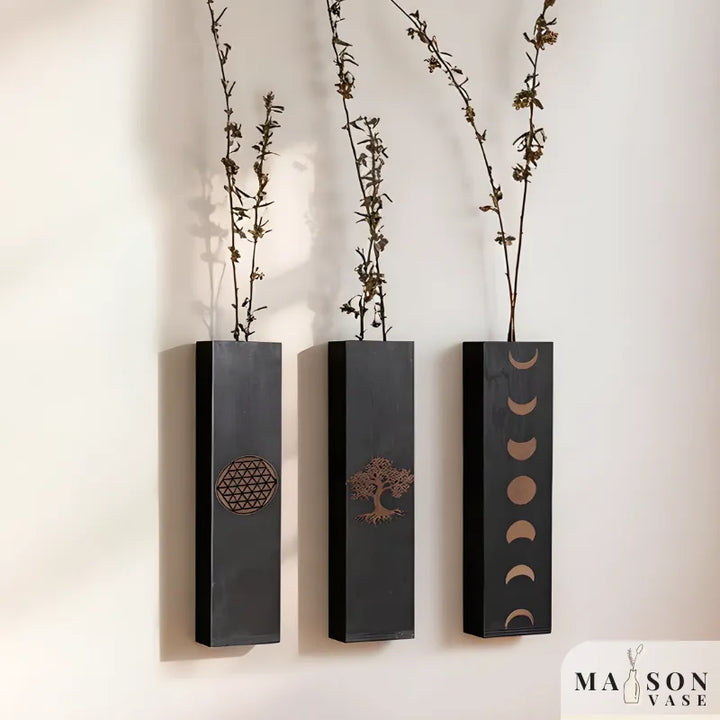 Vase à Fleurs Mural Bohème en Bois Noir | Design Minimaliste - Maison Vase