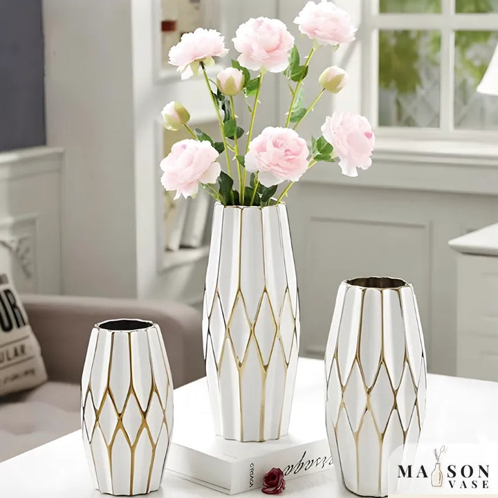 Vase à Fleurs Nordique Blanc | Céramique et Dorures Élégantes - Maison Vase