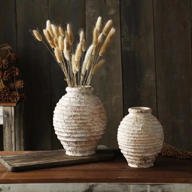 Vase à Poser au Sol Vintage | Poterie en Argile Brute Effet Vieilli - Maison Vase