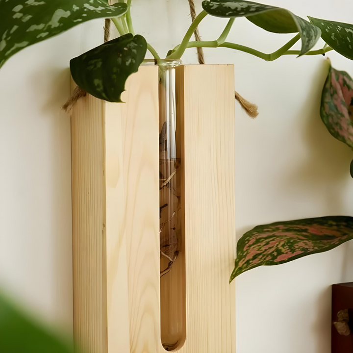 Vase à Fleurs Mural Scandinave Naturelle en Bois de Pin | Design Minimaliste et Décoratif