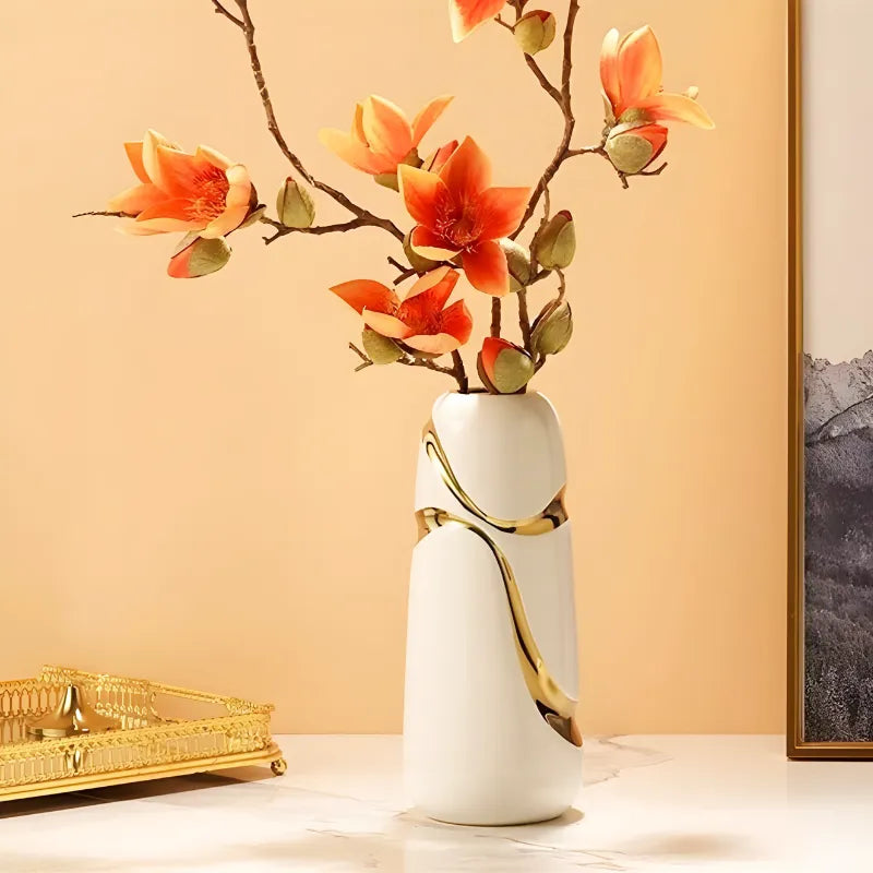 Vase Blanc Décoratif Moderne en Céramique | Finition Plaqué Or Élégante - Maison Vase
