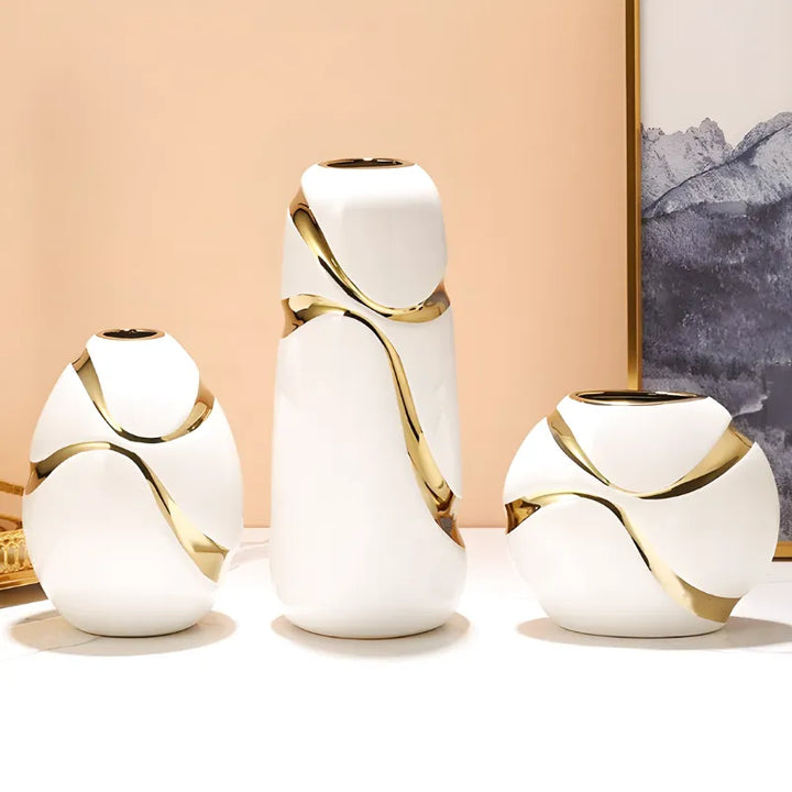Vase Blanc Décoratif Moderne en Céramique | Finition Plaqué Or Élégante - Maison Vase