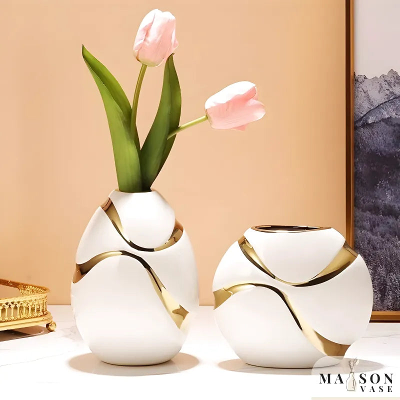 Vase Blanc Décoratif Moderne en Céramique | Finition Plaqué Or Élégante - Maison Vase