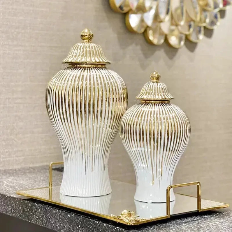 Vase Blanc Luxueux | Céramique Dorée et Élégant - Maison Vase