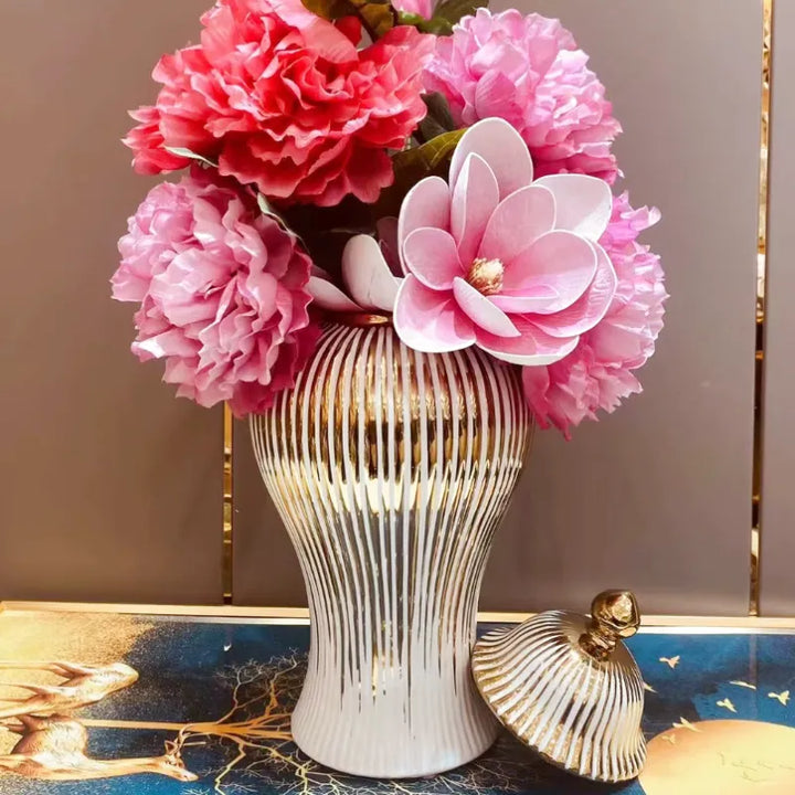 Vase Blanc Luxueux | Céramique Dorée et Élégant - Maison Vase