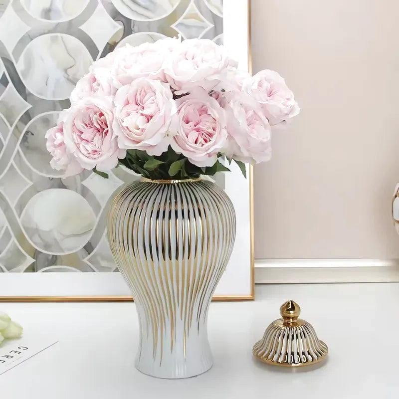 Vase Blanc Luxueux | Céramique Dorée et Élégant - Maison Vase