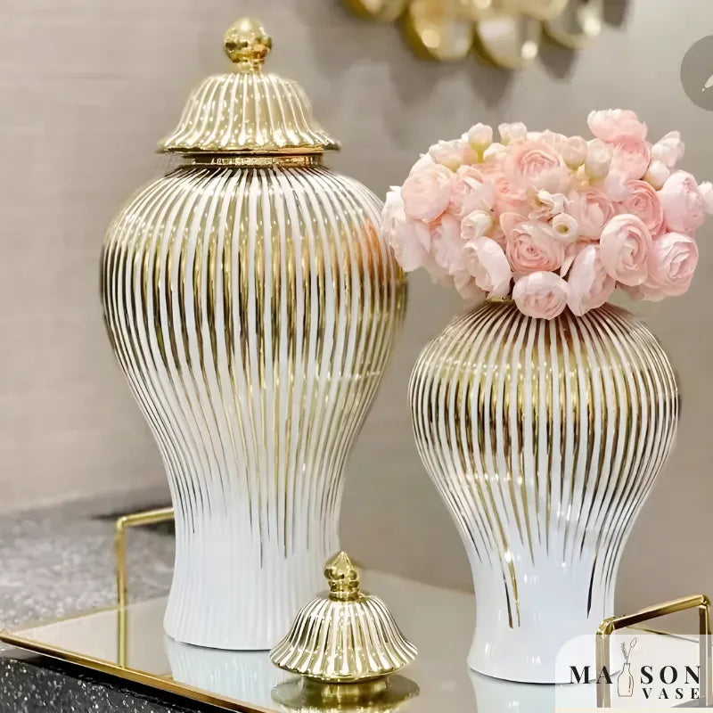 Vase Blanc Luxueux | Céramique Dorée et Élégant - Maison Vase
