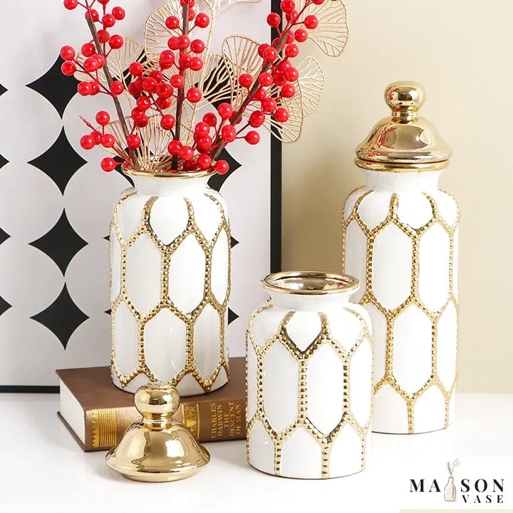 Vase Blanc Prestige | Céramique Élégante et Finition Or Raffinée - Maison Vase
