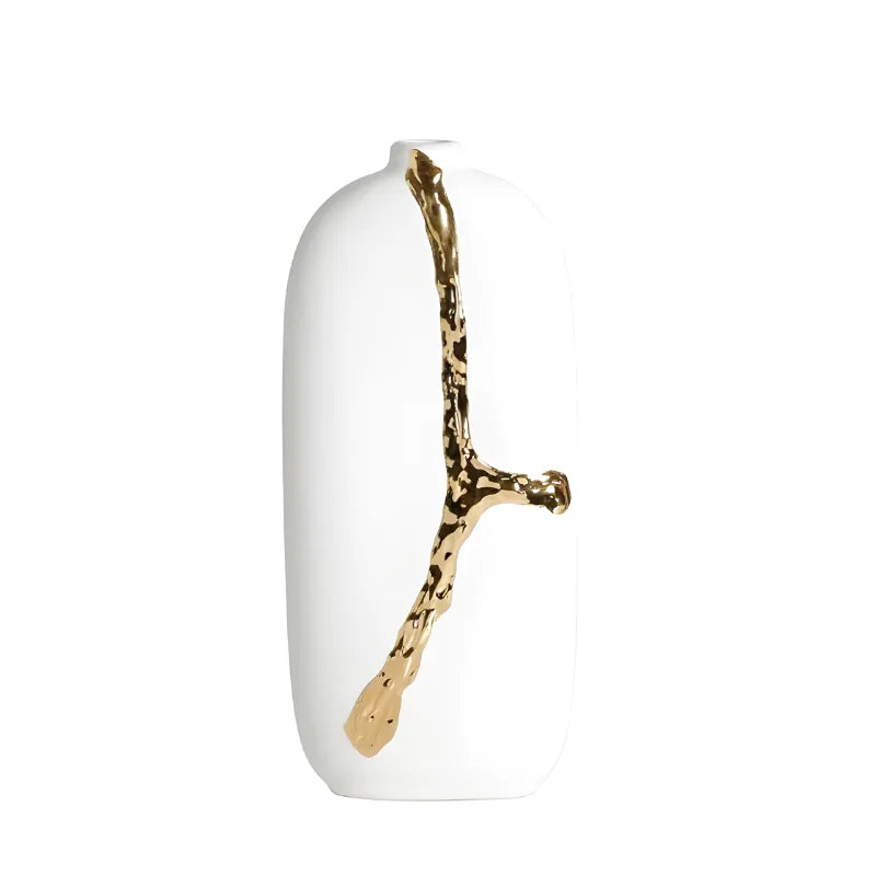 Vase Décoratif Blanc en Céramique | Design Nordique & Détail Doré Sculptural - Maison Vase
