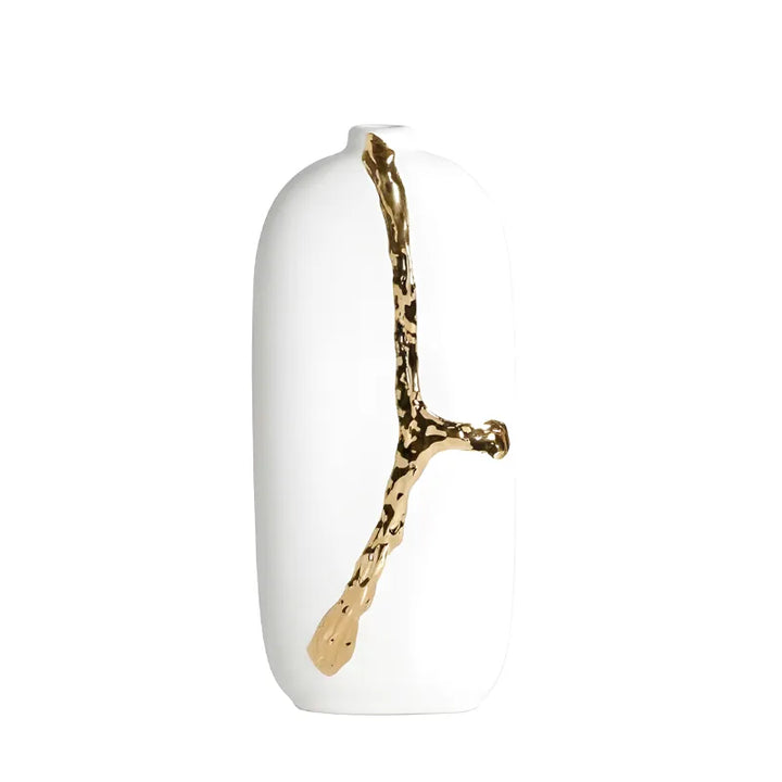 Vase Décoratif Blanc en Céramique | Design Nordique & Détail Doré Sculptural - Maison Vase