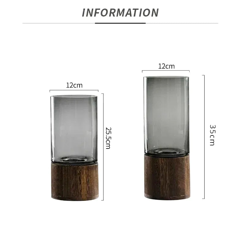 Vase en Verre Noir Cylindrique | Moderne et Décoratif avec Base en Bois Élégante - Maison Vase