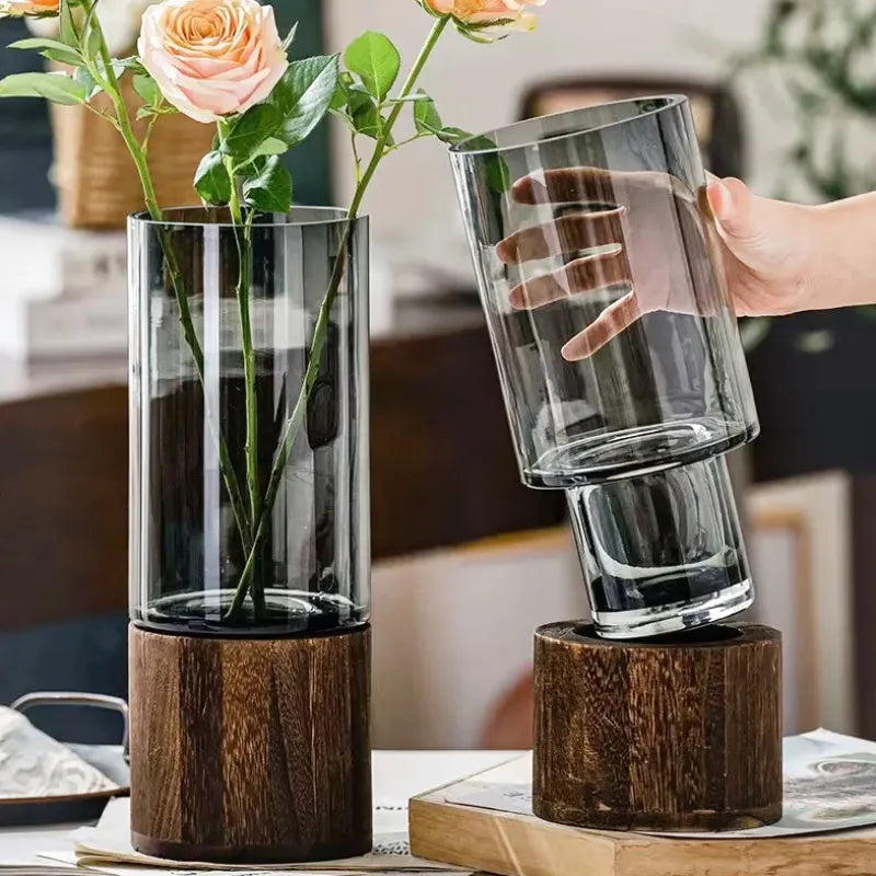 Vase en Verre Noir Cylindrique | Moderne et Décoratif avec Base en Bois Élégante - Maison Vase