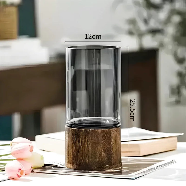Vase en Verre Noir Cylindrique | Moderne et Décoratif avec Base en Bois Élégante - Maison Vase