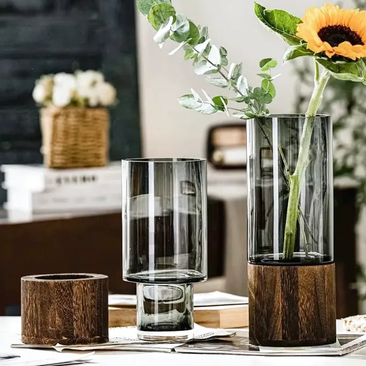 Vase en Verre Noir Cylindrique | Moderne et Décoratif avec Base en Bois Élégante - Maison Vase