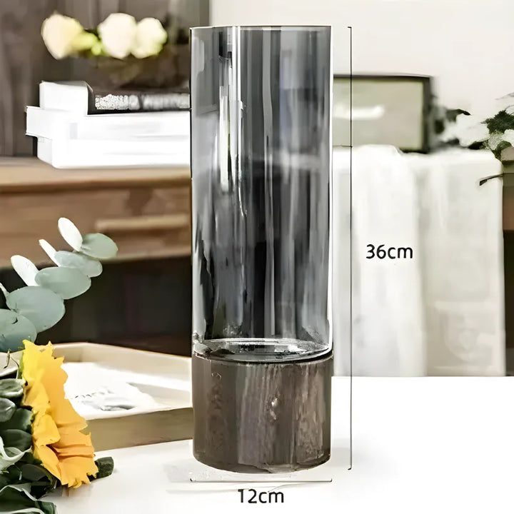 Vase en Verre Noir Cylindrique | Moderne et Décoratif avec Base en Bois Élégante - Maison Vase