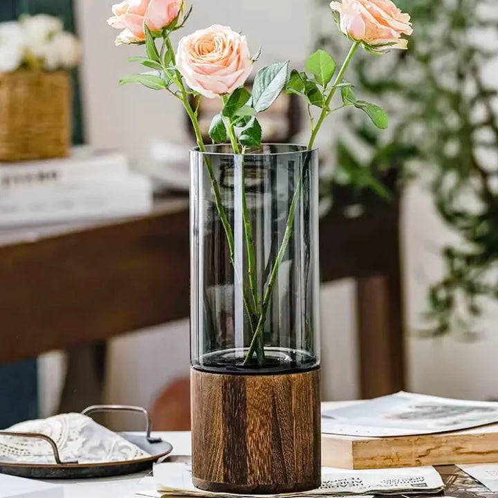 Vase en Verre Noir Cylindrique | Moderne et Décoratif avec Base en Bois Élégante - Maison Vase