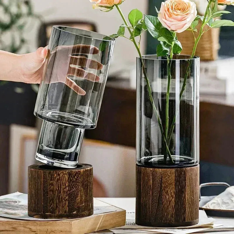 Vase en Verre Noir Cylindrique | Moderne et Décoratif avec Base en Bois Élégante - Maison Vase