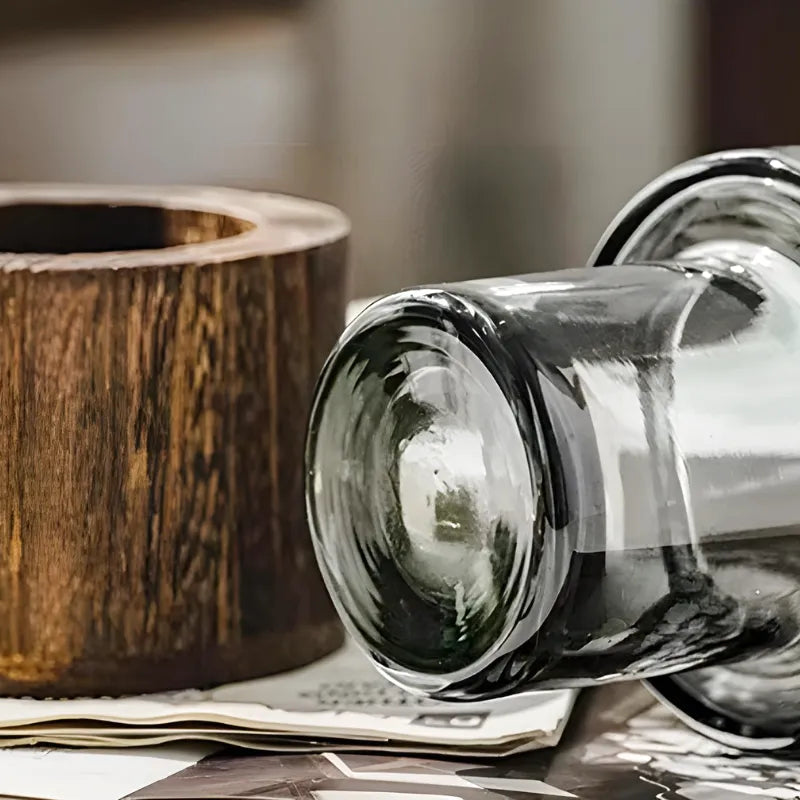 Vase en Verre Noir Cylindrique | Moderne et Décoratif avec Base en Bois Élégante - Maison Vase