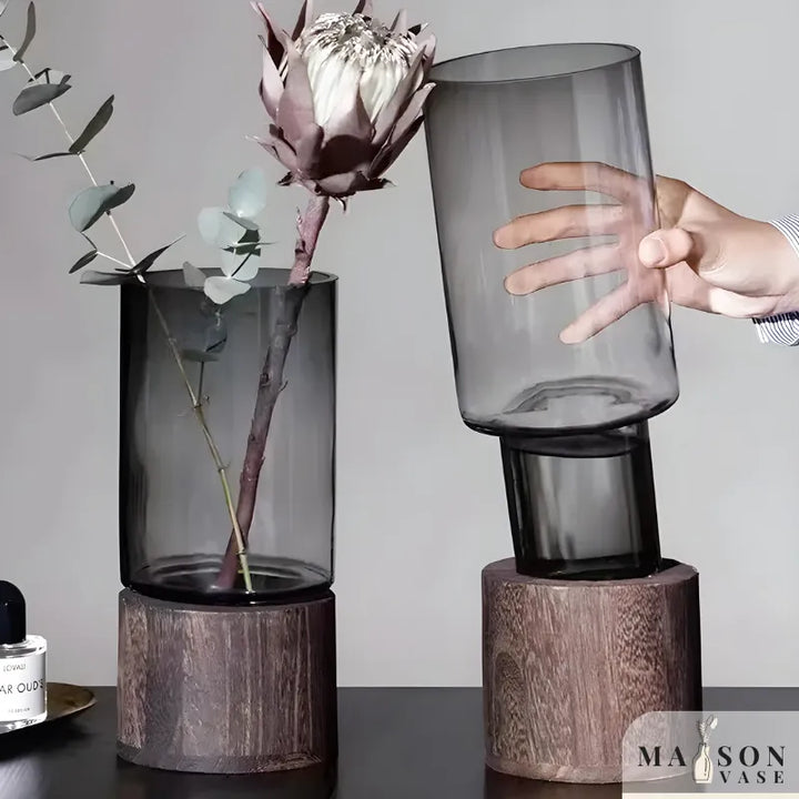 Vase en Verre Noir Cylindrique | Moderne et Décoratif avec Base en Bois Élégante - Maison Vase