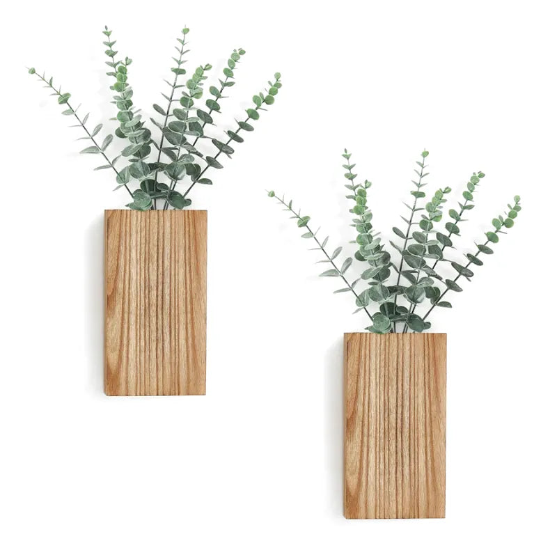 Vase Mural Rustique en Bois Foncé Décoratif avec Eucalyptus Artificiel Inclus - Maison Vase