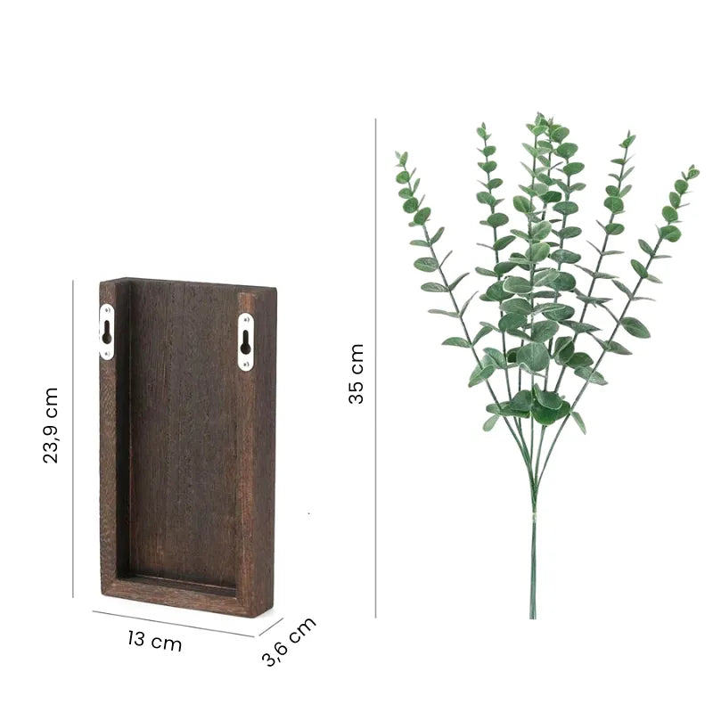 Vase Mural Rustique en Bois Foncé Décoratif avec Eucalyptus Artificiel Inclus - Maison Vase
