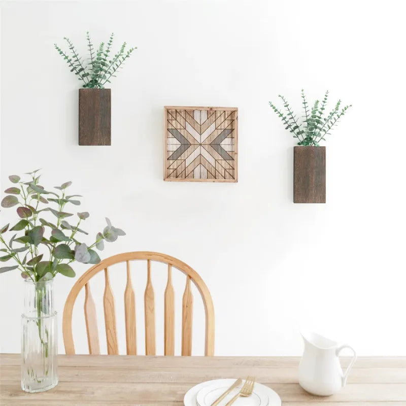 Vase Mural Rustique en Bois Foncé Décoratif avec Eucalyptus Artificiel Inclus - Maison Vase