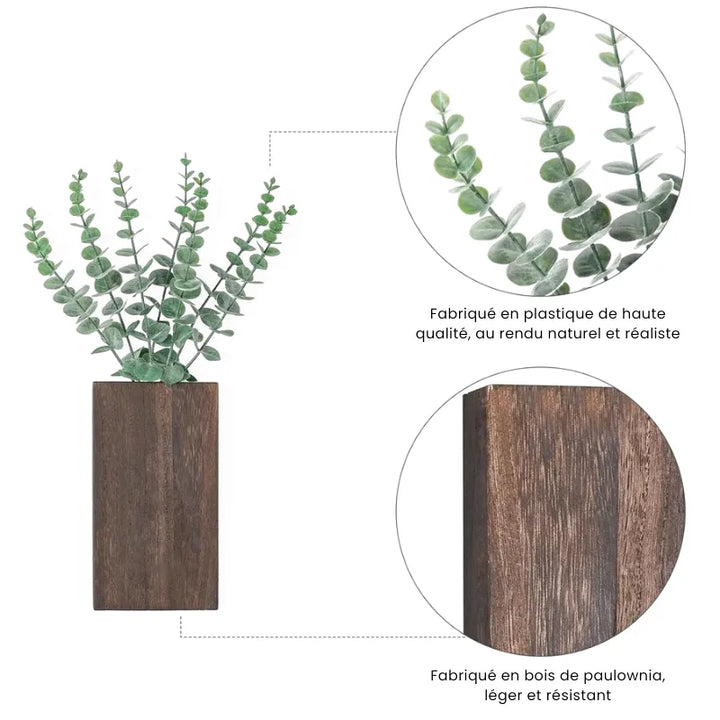 Vase Mural Rustique en Bois Foncé Décoratif avec Eucalyptus Artificiel Inclus - Maison Vase