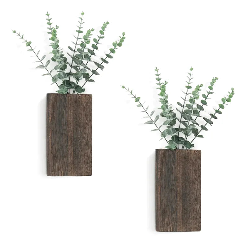 Vase Mural Rustique en Bois Foncé Décoratif avec Eucalyptus Artificiel Inclus - Maison Vase