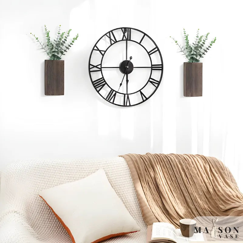 Vase Mural Rustique en Bois Foncé Décoratif avec Eucalyptus Artificiel Inclus - Maison Vase