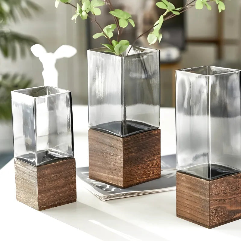 Vase Scandinave Transparent | Base Bois Naturel - Maison Vase