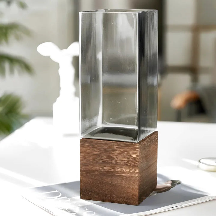 Vase Scandinave Transparent | Base Bois Naturel - Maison Vase
